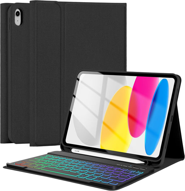 FUWANG iPad 10th Generation Case with 10.9 inch Keyboard 2022 - Detachable 7 Colors Backlit Wireless Bluetooth Folio