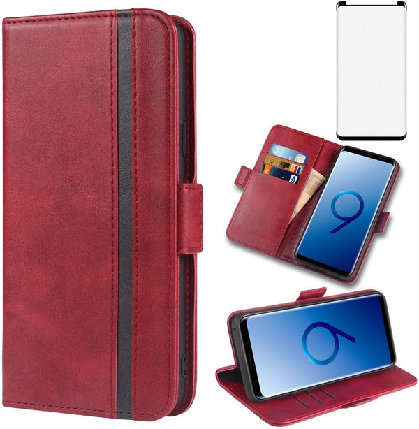 Phone Case for Samsung Galaxy S9 Plus, Leather Wallet with Tempered Glass Screen Protector, Card Holder, Red