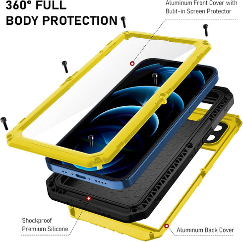 Beasyjoy Waterproof Case for iPhone 12 Pro Max, Heavy Duty Metal Case with Built-in Screen Protector, 6.7 Inch (Yellow)