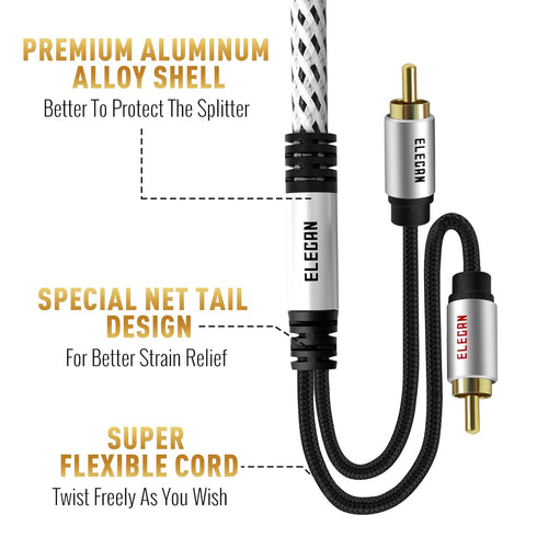 Elecan 100 Ft Premium RCA Cable (Hi-Fi Sound-16 AWG-Shielded) 2 RCA Male to 2 RCA Male, Gold Plated-Aluminum Alloy Shell