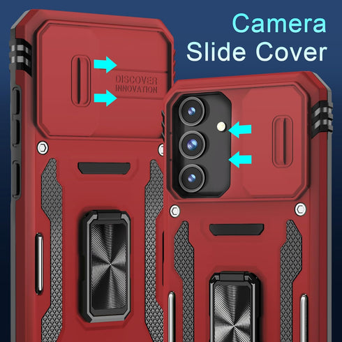DEERLAMN Samsung Galaxy S24 Case - Red, Military Grade Shockproof, Slide Camera Cover + Screen Protector, Rotated Ring