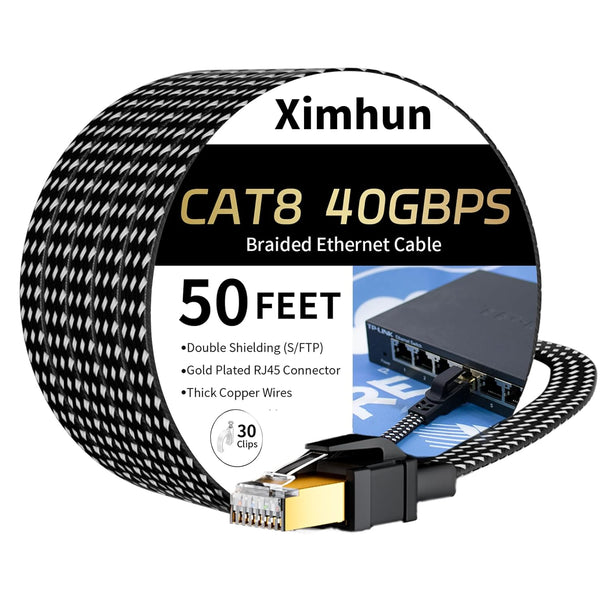 Cat 8 Ethernet Cable 50 FT, High-Speed Braided Internet Cable Network Cord