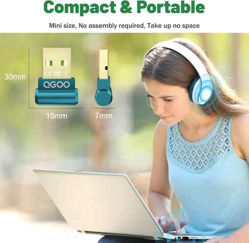 USB Bluetooth Adapter for PC, QGOO Bluetooth Dongle 5.3 EDR, Wireless Receiver for Desktop and Laptop - Green