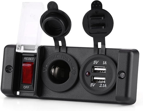 12V Waterproof Cigarette Lighter Socket, Dual USB Power Socket Switch Panel for Car RV Marine Boat