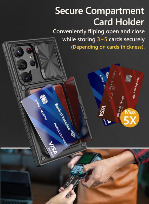 Vihibii Case with Card Holder (4 Cards) & Sliding Camera Cover & Kickstand, Shockproof Rugged Hard Back & TPU Edge Wallet Case for Samsung Galaxy S23 Ultra 5G 6.8" 2023 , Black