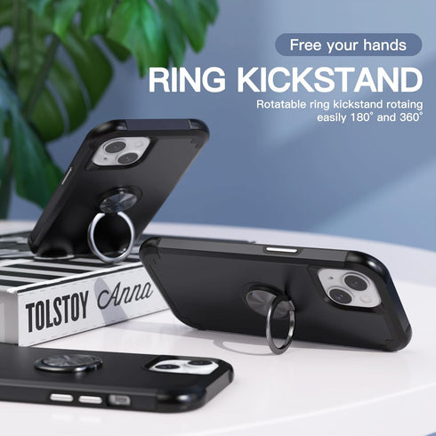 IDweel iPhone 14 Case: 2-in-1 Shockproof Cover with Screen Protector, 360° Ring Holder, Camera Lens Protector, Black.
