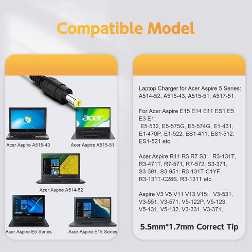 65W Charger for Acer Aspire 5 Laptop; A515-43, A515-51, A514-52; A515-43-R19L, A515-43-R5RE, A515-51-58HD,