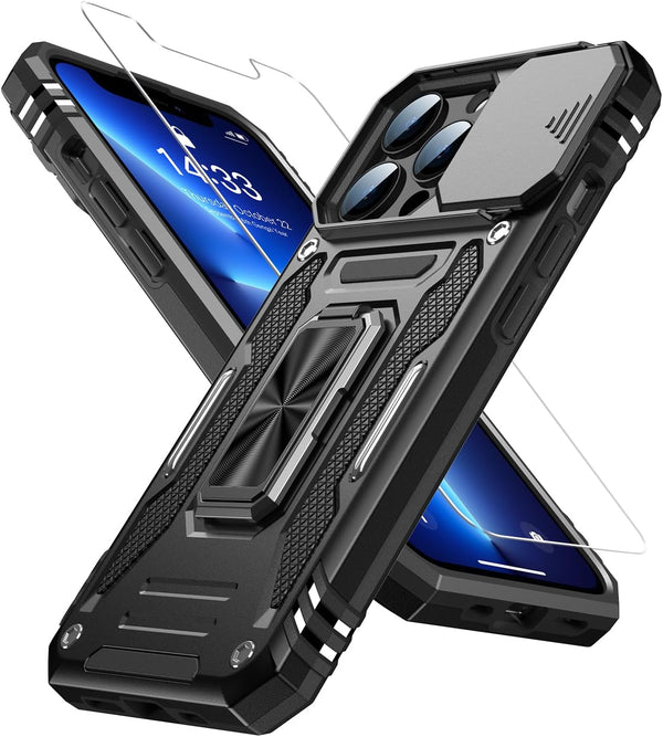 MERRO for iPhone 13 Pro Case with Screen Protector, Military-Grade Sliding Camera Cover, Magnetic Stand, 6.1" Black