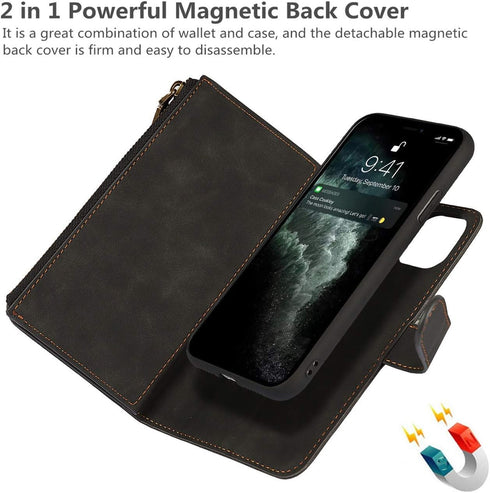 iCoverCase for iPhone 11 Pro Wallet Case with Card Holder and Wrist Strap, PU Leather Kickstand Card Slots Zipper