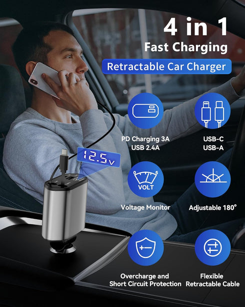 BERTHALESS 4 1 16/15/14/13/12/11/X,Galaxy,Pixel Retractable Car Charger, in Fast Charging Car Charger USB-C & USB-A
