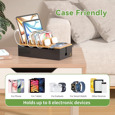 Pezin & Hulin 6 Cord Organizer Box, Surge Protector Organizer, Device Charger Station for Phones & Tablets, Wood
