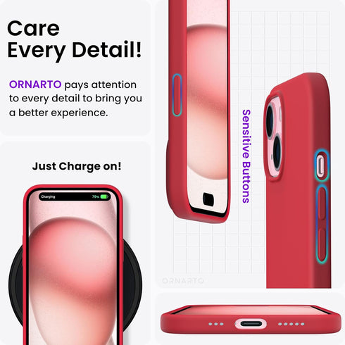 ORNARTO Slim Liquid Silicone Case for iPhone 15, 3 Layers Full Covered Soft Gel Rubber 6.1 inch, Anti-Scratch Red