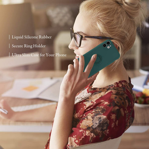 UEEBAI Slim Liquid Silicone Case for iPhone 11 (6.1 inch) - Dark Green with 360 Rotatable Ring Holder & Kickstand