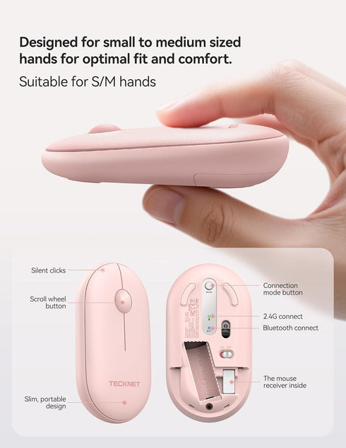TECKNET 2 Modes(BT3.0/5.0+2.4Ghz), Bluetooth Mouse, Slim Portable Wireless Mouse for Lightweight, Contoured Grip