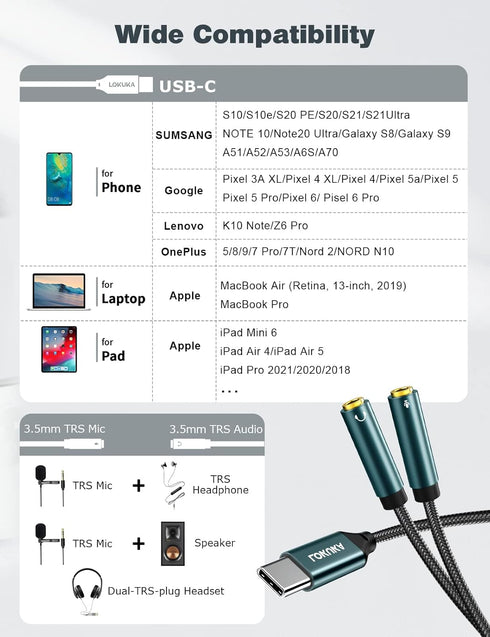 USB C to 2 TRS 3.5mm Headphone Mic Splitter Adapter, Hi-Res DAC Chip for Dual-Plug PC Gaming Headset, 12 inch