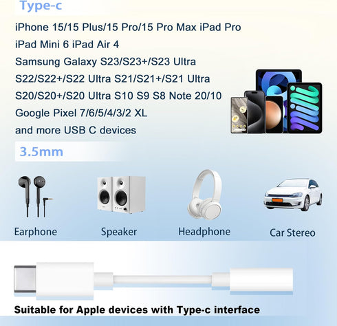 USB C to 3.5mm Female Headphone Jack Adapter 2 Pack, Type C to Aux Audio Dongle Cable Cord Compatible with iPhone 15 Series, Pixel, Samsung Galaxy S23/S22/S21 Ultra