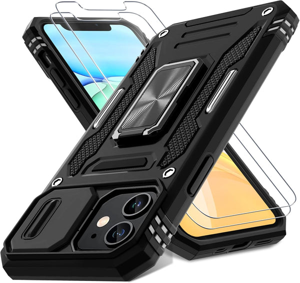 DEERLAMN iPhone 11 Case - Black, Military Grade Shockproof, Slide Camera Cover, Screen Protector (2 Packs), Rotated