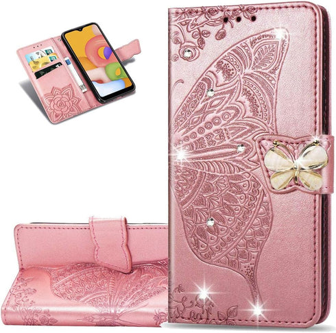 Wallet Flip Case for Xiaomi Redmi 9A, PU Leather, Diamond Butterfly 5, Magnetic Card Slots, Cash Wallet/Purse, Wrist