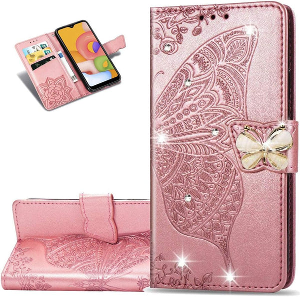 Wallet Flip Case for Xiaomi Redmi 9A, PU Leather, Diamond Butterfly 5, Magnetic Card Slots, Cash Wallet/Purse, Wrist