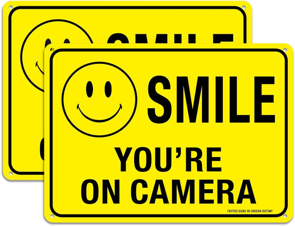 (2 Pack) Faittoo Smile You're On Camera Sign, Reflective 10x7 Rust Free Aluminum for Indoor & Outdoor Use