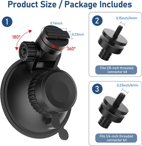 Dash Cam Mount, Suction Cup for Windshield & Dashboard, Compatible with ROVE R2-4K, CHORTAU Dash Cam, Suitable for Most