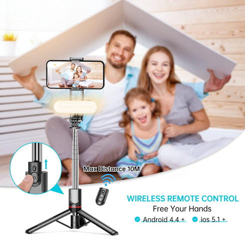 Stable Selfie Stick Tripod with Fill Light, 44 Inch Extendable Selfie Stick with Wireless Remote and Tripod Stand 360