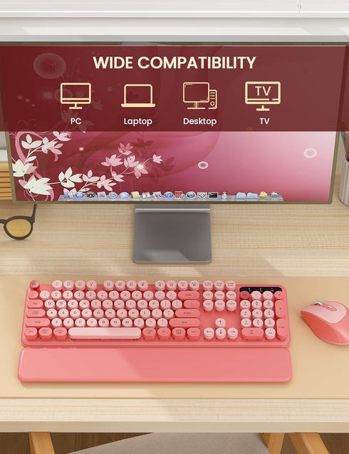 Wireless Keyboard and Mouse Combo, Cute Typewriter Keyboard with Detachable Wrist Rest, Retro Round Keycaps