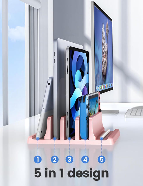Vaydeer 3-Slot Vertical Laptop Stand Made of Premium ABS Plastics 5 in 1 Design Space-Saving Adjustable Desk Organizer for All MacBook/Chromebook/Surface (Pink)