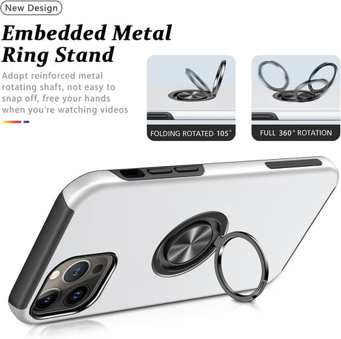 PELEPUES Shockproof Case for iPhone 13 Pro 6.1'', Military Grade Cover with Embedded Finger Ring & Metal Stand (Silver)