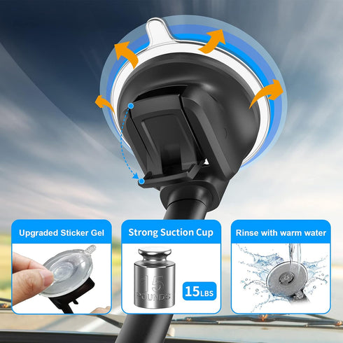 Heavy Duty Gooseneck Car Phone Holder 14'' for Truck, Flexible Long Arm, Anti-Shake Stabilizer, Suction Cup Mount