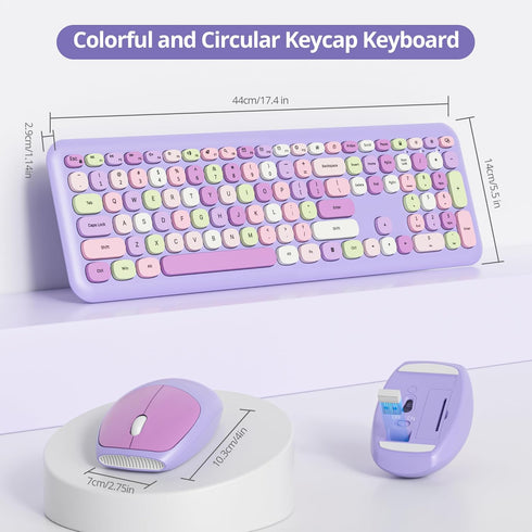 Typewriter Wireless Keyboard and Mouse Combo, 2.4G Office 104 Keys Retro Punk Keyboard, Cute Purple Silent Keyboard