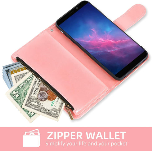Asuwish Cloud Mobile Stratus C7 Wallet Case with Flower Design, Tempered Glass Protector, and Card Holder - Rose Gold.