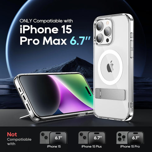 Magnetic Case for iPhone 15 Pro Max, Clear, with Slim Kickstand & Screen Protector, Compatible with MagSafe