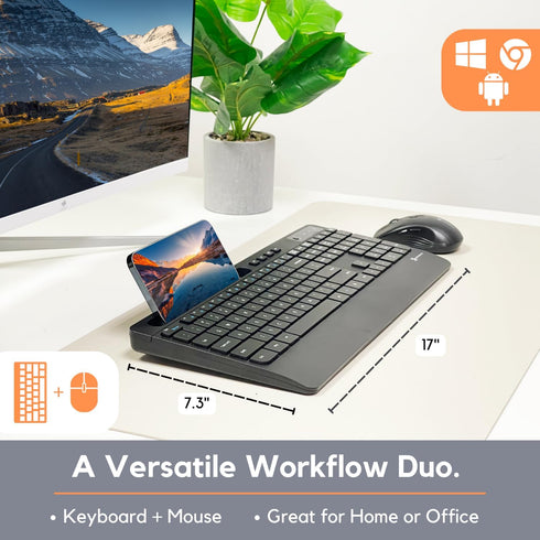 X9 Wireless USB-C Keyboard and Mouse Combo, Dual USB Port Compatibility, Versatile Wireless Set with 8" Phone Stand and