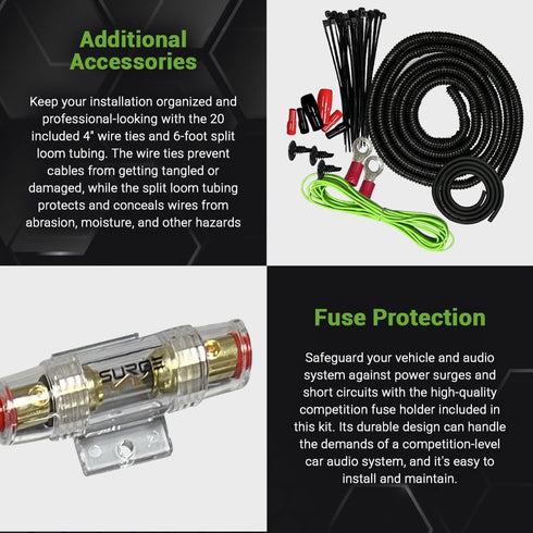 SURGE Amplifier Installation and Upgrade Kit for Car Audio - Includes 8 Gauge Power Cable, Speaker Wire, and Accessories