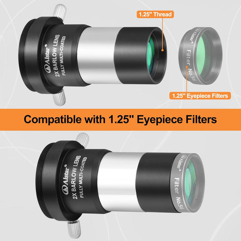 Alstar 1.25" 2X Barlow Lens, MultiCoated Metal with M42x0.75 Thread Camera Interface for Telescopes