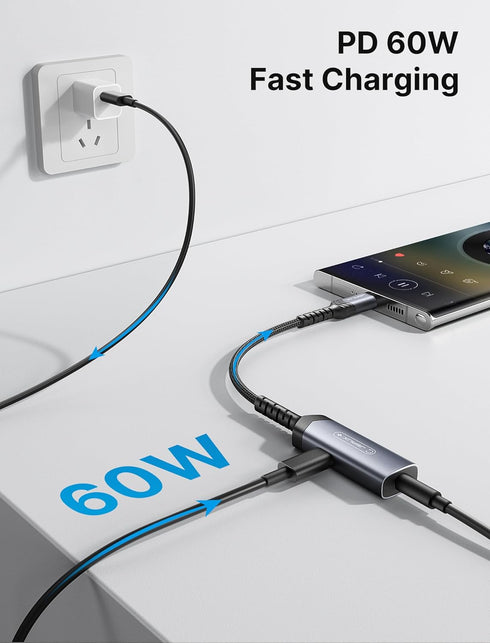 JSAUX USB C to 3.5mm Headphone and Charger Adapter, 2-in-1 AUX Mic Jack with PD 60W Fast Charging for iPhone 15 Pro