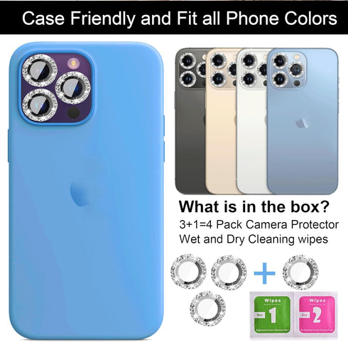iPhone 11 Series Camera Lens Protector - 3+1 Glitter Bling, Tempered Glass, Case Friendly, Silver Ring Accessories.