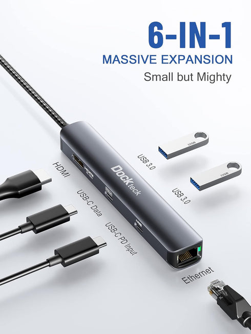 USB C Hub Ethernet, 6 in 1 Laptop Docking Station, Dockteck USB C Multiport Adapter with 4K HDMI, 100W PD, and USB Ports