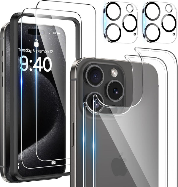 Maxdara 6 in 1 Screen Protector for iPhone 15 Pro Max (6.7 inch) - Front, Back & Camera Lens Protectors, Tempered Glass.