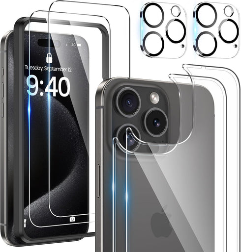Maxdara 6 in 1 Screen Protector for iPhone 15 Pro (6.1 inch) - Front, Back & Camera Lens, 9H Hardness, Ultra HD.