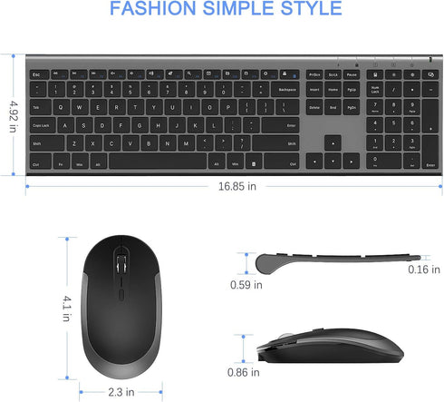 Wireless Keyboard and Mouse, Vssoplor 2.4GHz Rechargeable Compact Quiet Full-Size Combo with Nano USB Receiver, Dark