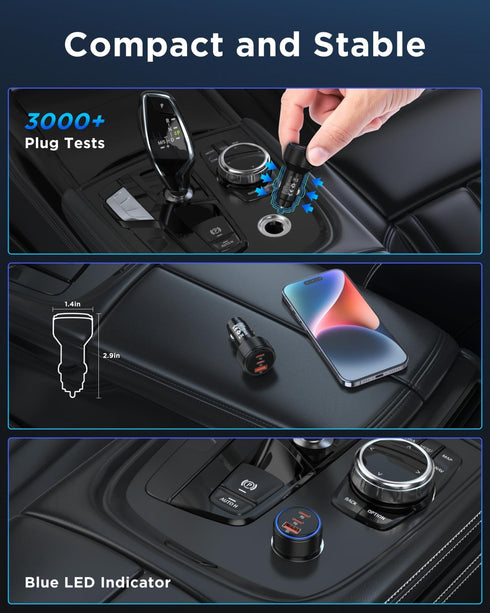 USB C Car Charger, 3-Port 66W Dual USB-C & USB-A Adapter with Fast Charging for iPhone 15/14/13, Samsung & More