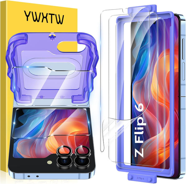 YWXTW EZ Alignment for Samsung Galaxy Z Flip 6 Screen Protector, 3Pcs Inner Soft EPU Film + 2Pcs Front Display Tempered