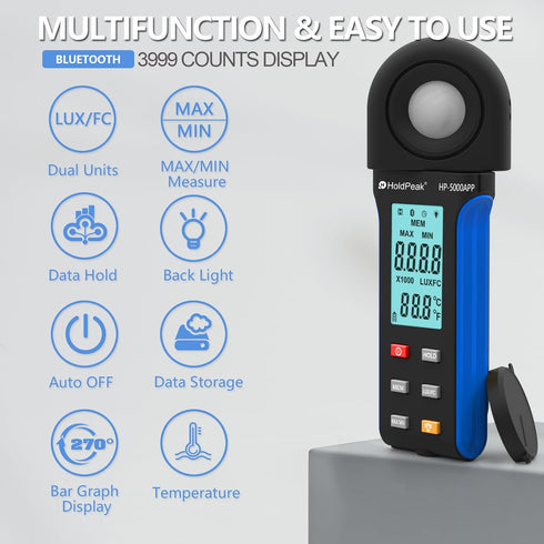 HoldPeak Illuminance Light Meter with Bluetooth, Digital Lux Foot Candles Meter, Lumen Meter for Plants, Home & Office