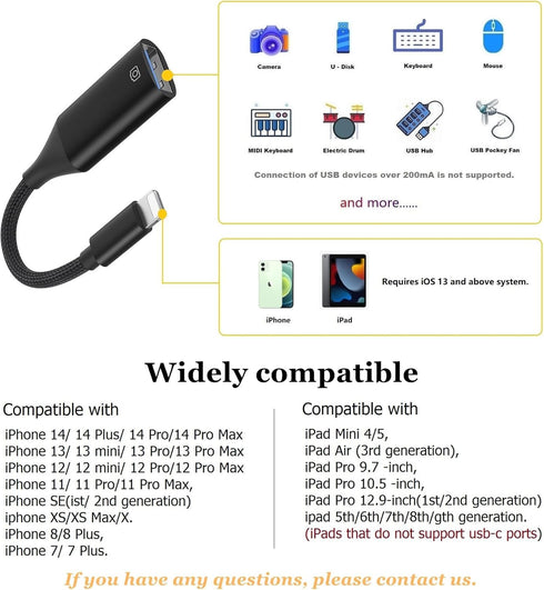 IVSHOWCO USB Camera Adapter for iPhone, iPad to USB OTG Cable Adapter, Supports USB Flash Drive, Card Reader, Mouse,