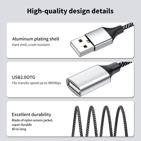 USB Splitter, USB A Male to 2 Female Extension Cable, 4Ft Long USB Y Splitter for Charging and Data Transfer for