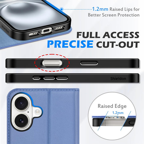 SHIELDON 16 6.1", 16 5G 2024 Wallet Case for iPhone Genuine Leather Folio Magnetic Kickstand RFID Blocking Credit Card