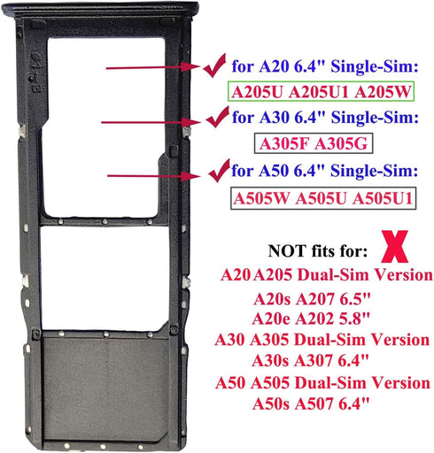 Single Sim Card Tray Holder for Galaxy A20 A30 A50 (Plastic, Black)