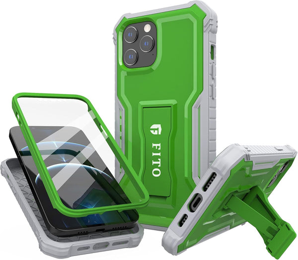 FITO iPhone 12 Pro Max Case, Dual Layer Shockproof Heavy Duty with Screen Protector, Built-in Kickstand (Green)